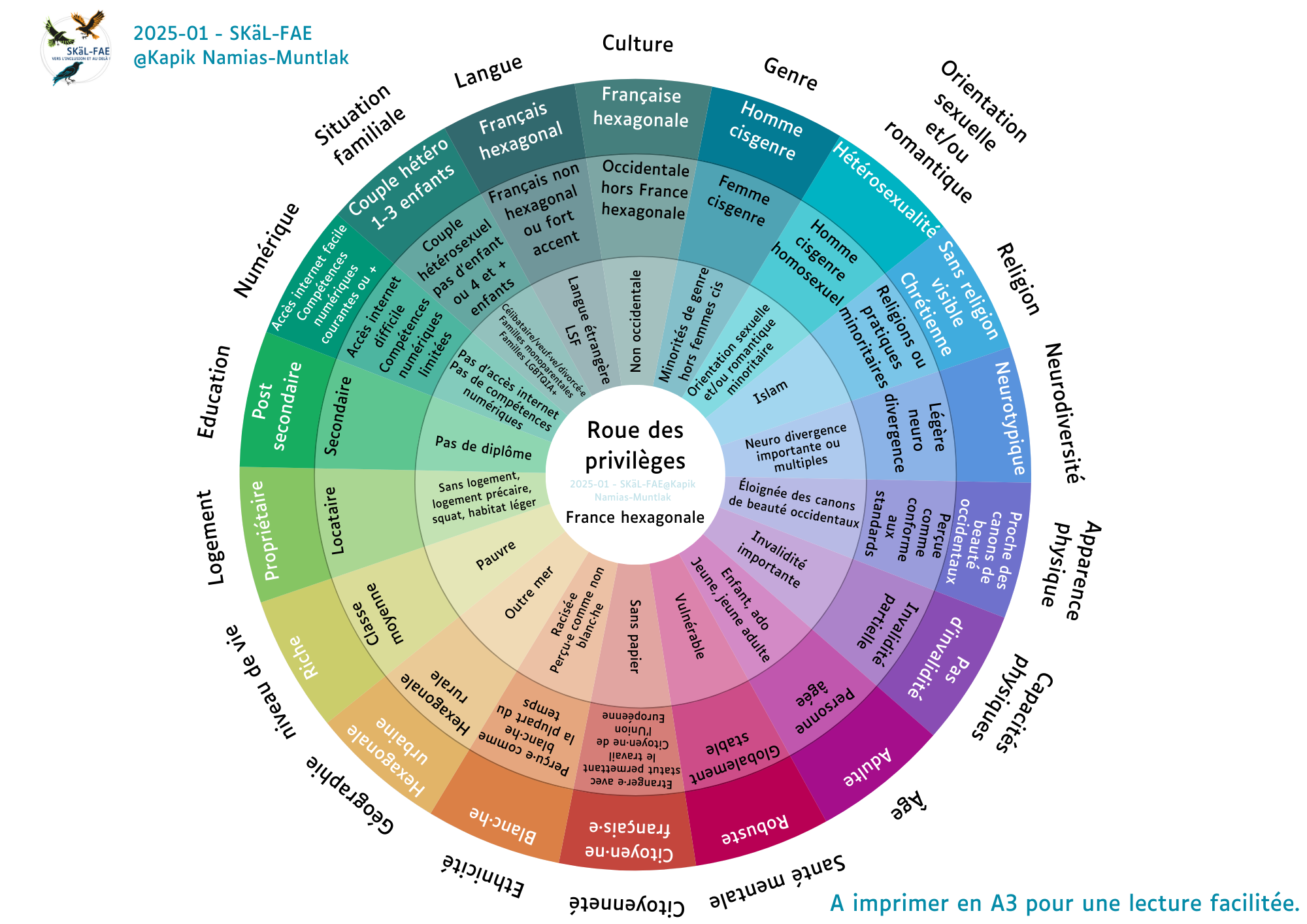 Une roue colorée est divisées en quadrant représentant des éléments de l'identité d'une personne.