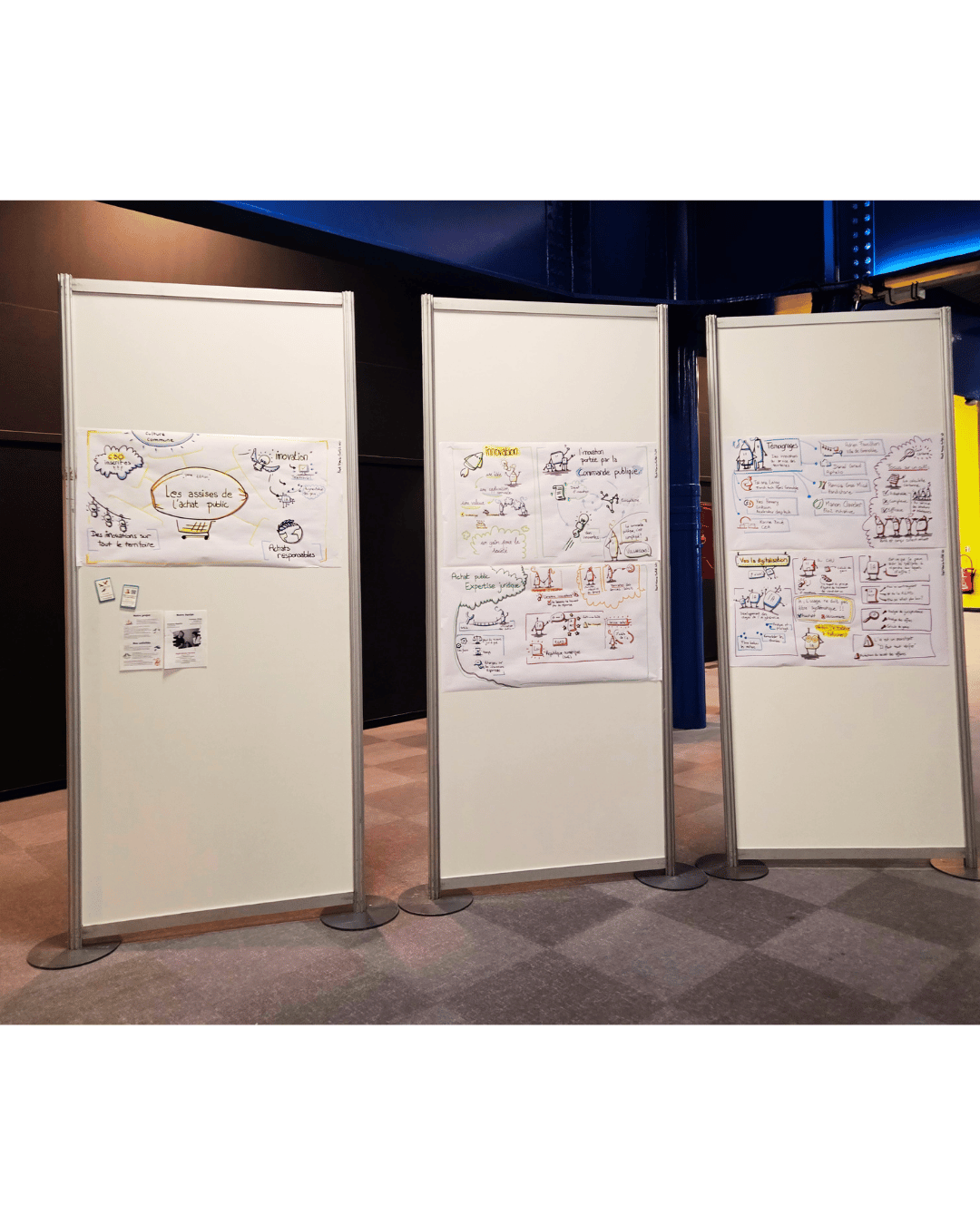 Trois panneaux blancs sont exposés, et sur chacun d'eux on peut apercevoir des productions de facilitation graphique.