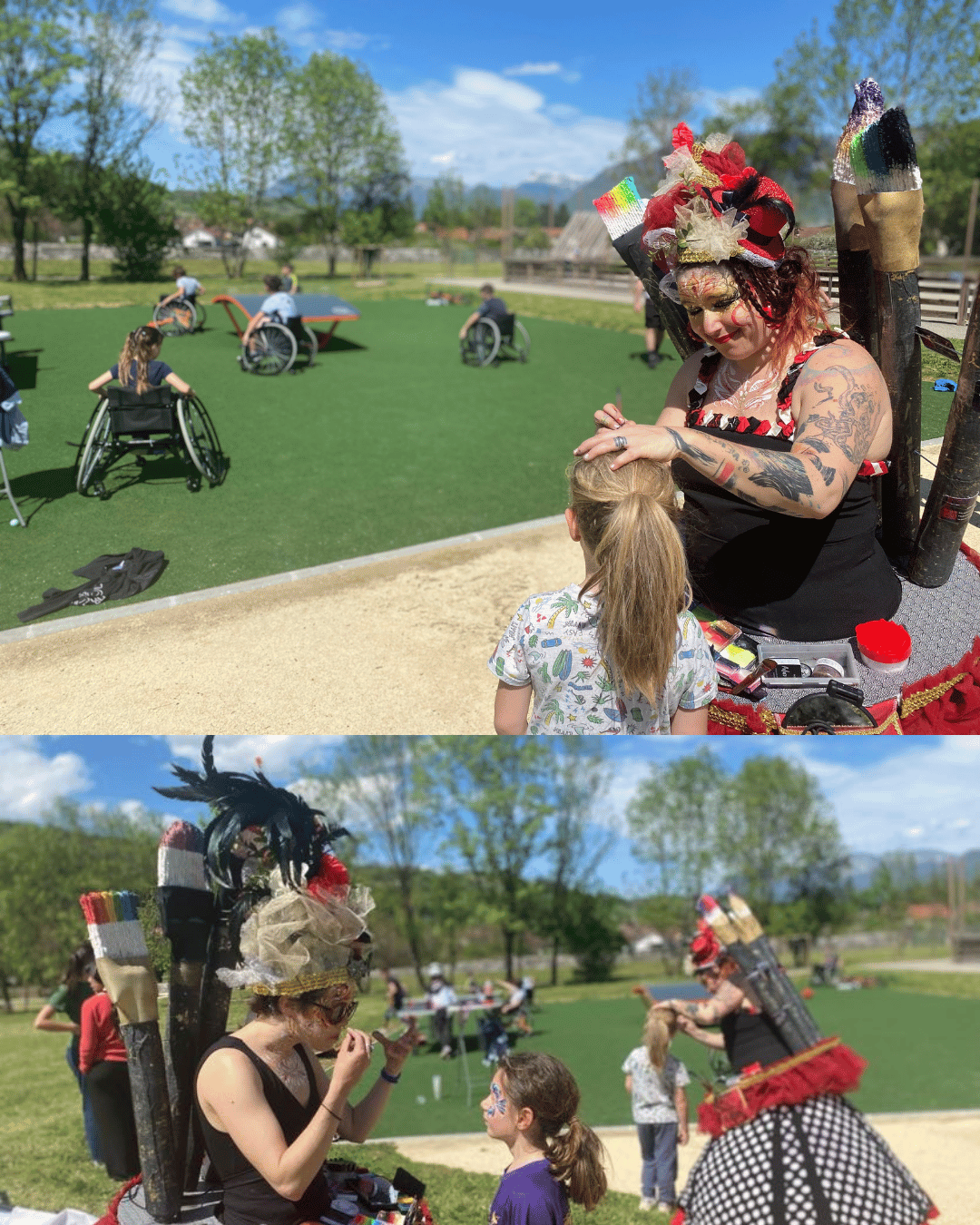 Deux maquilleuses sont dans un parc, elles maquillent des enfants. Elles sont vêtues de grandes robes, avec des grands plateaux autour de leur taille sur lesquels est posé leur matériel. Il y a 2 photos sur cette image. Sur celle du haut, une seule maquilleuse en premier plan et des enfants en fauteuil qui font du sport en arrière plan. Sur la deuxième, les deux maquilleuses sont représentées