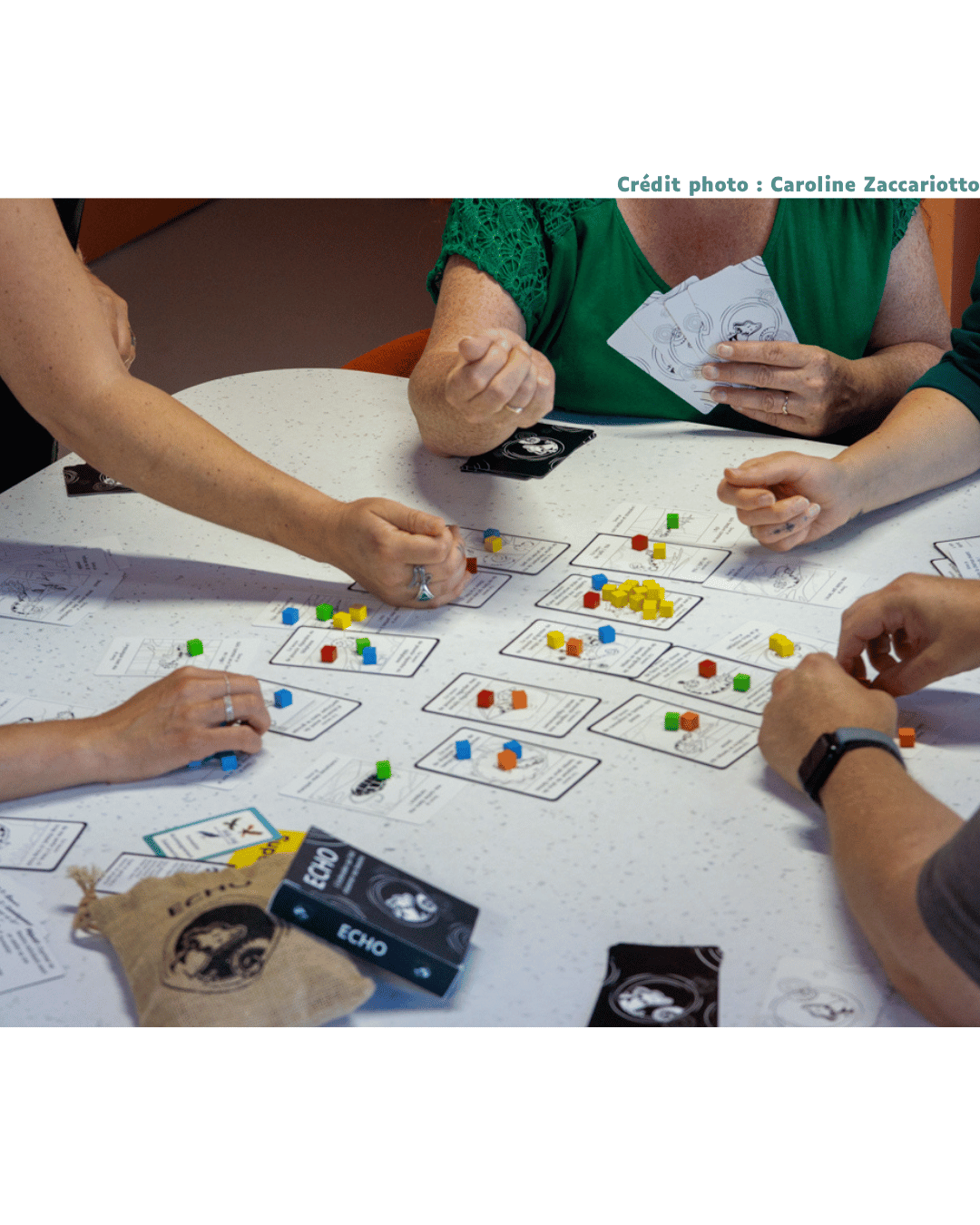 Le jeu Echo est posé sur une table. 5 personnes dont on ne voit que les bras sont en train de jouer. Les cartes sont posées au milieu avec des cubes colorés dessus.