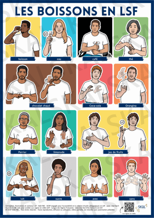 L'affiche représente des personnages aux physiques, genres, âges variés qui font un signe de langue des signes française. Les 16 signes présentés sont des signes représentant des boissons.